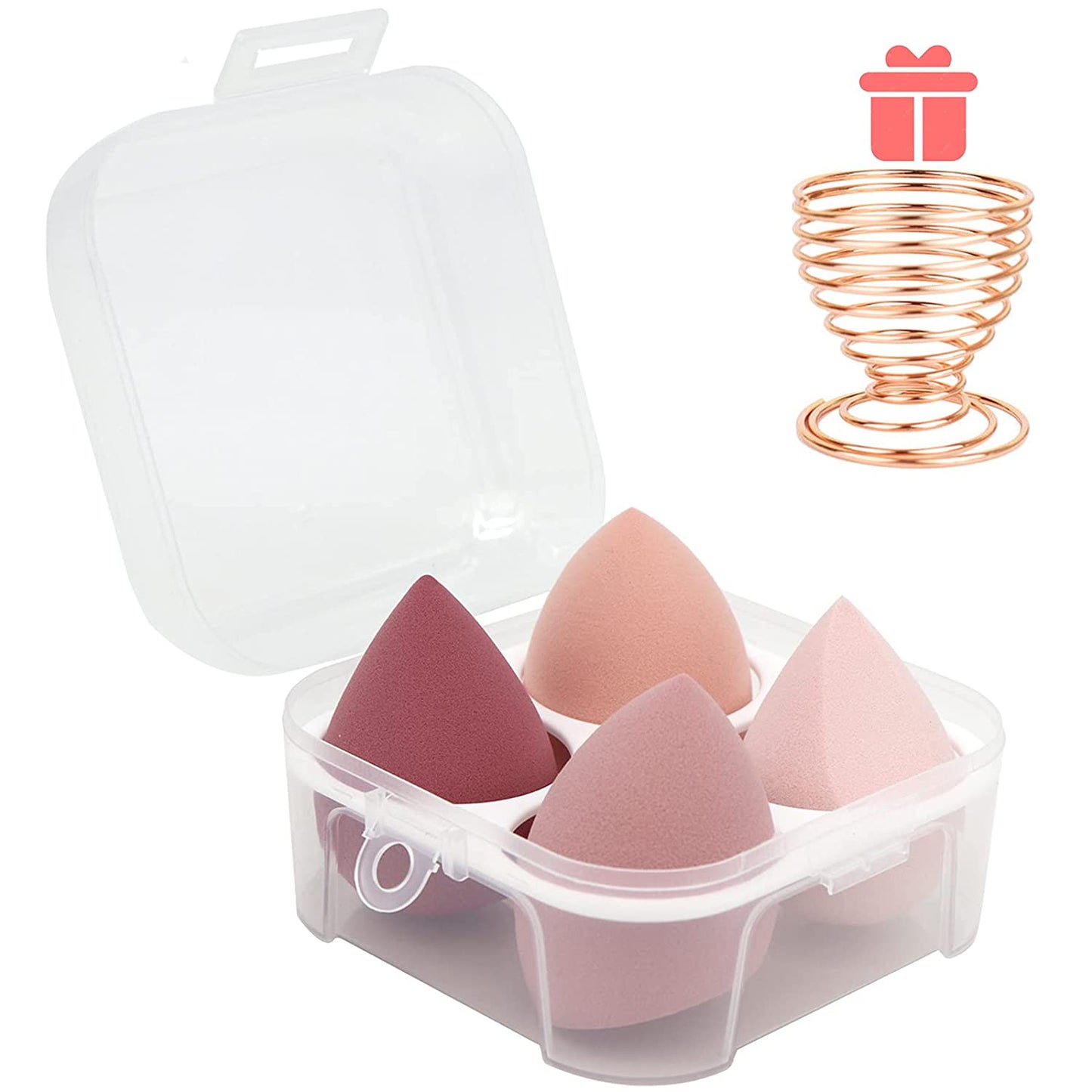 Juego de 5 esponjas de maquillaje: 4 esponjas de belleza para mezclar con 1 soporte y estuche para huevos, perfectas para cremas, polvos y líquidos (rosa)